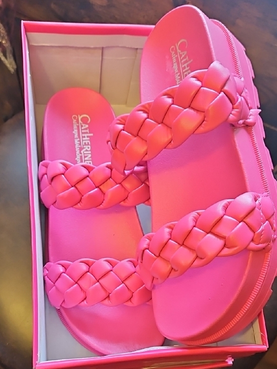 Catherines Shoes - New Catherines Bright Pink Braided Double-Strap Slide Sandals